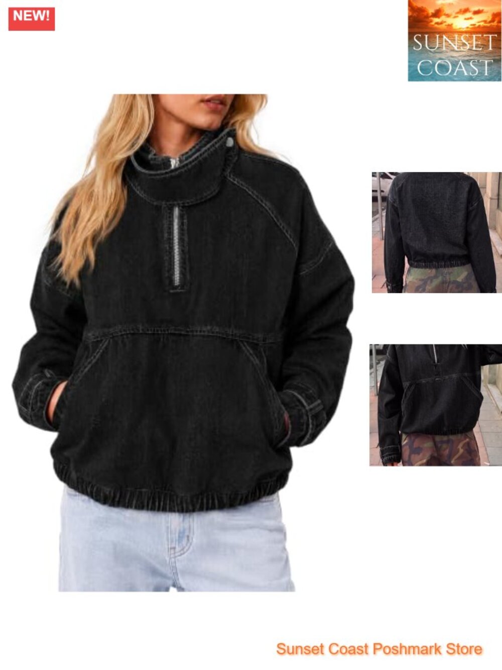 Loose Fit Denim Quarter Zip Pullover Jacket Kangaroo Pocket